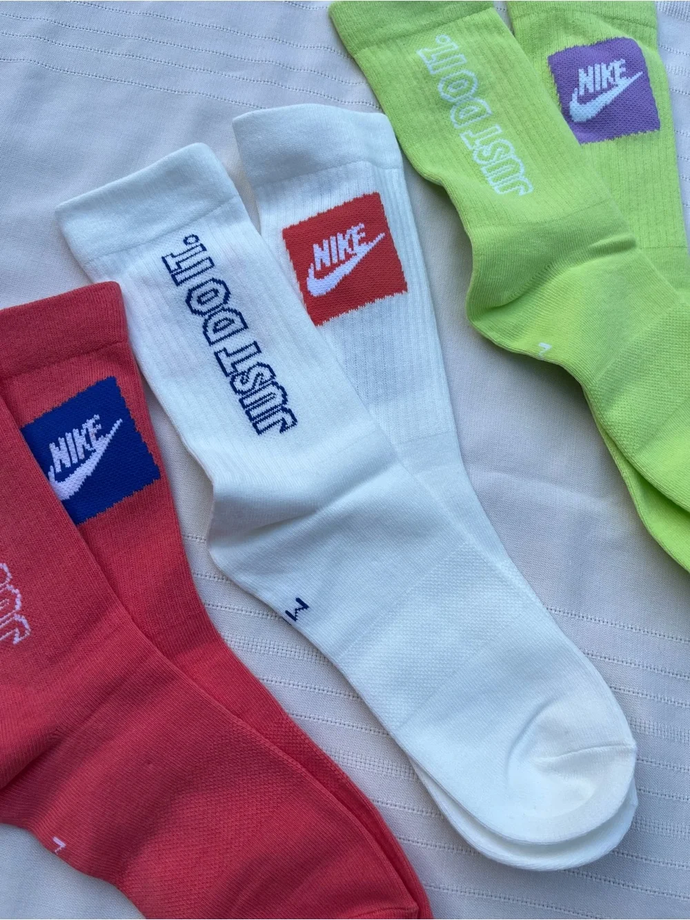 Nike Crew Socks Trio - Red, White, Lime with 'Just Do It' Branding